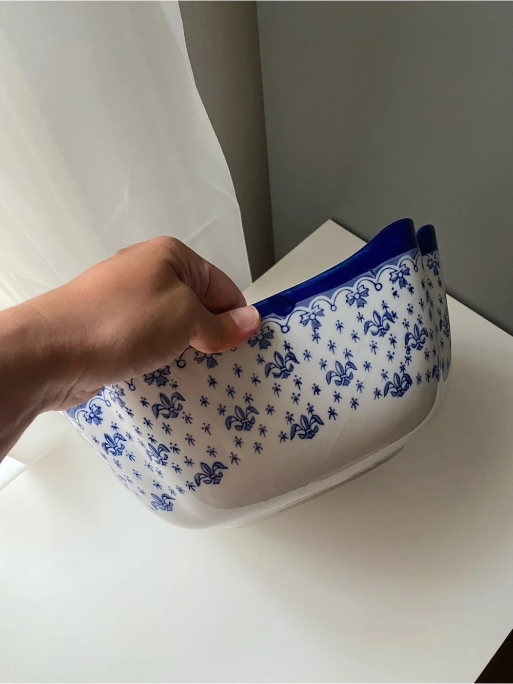 Vintage WCL Fleur De Lis Serving Dish Bowl Scalloped Corners, Blue And White